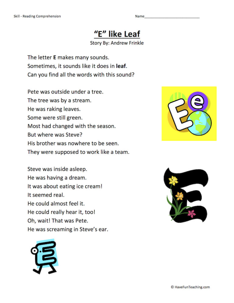 E Like Leaf Reading Comprehension Worksheet