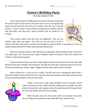 Emma's Birthday Party - Reading Comprehension Worksheet