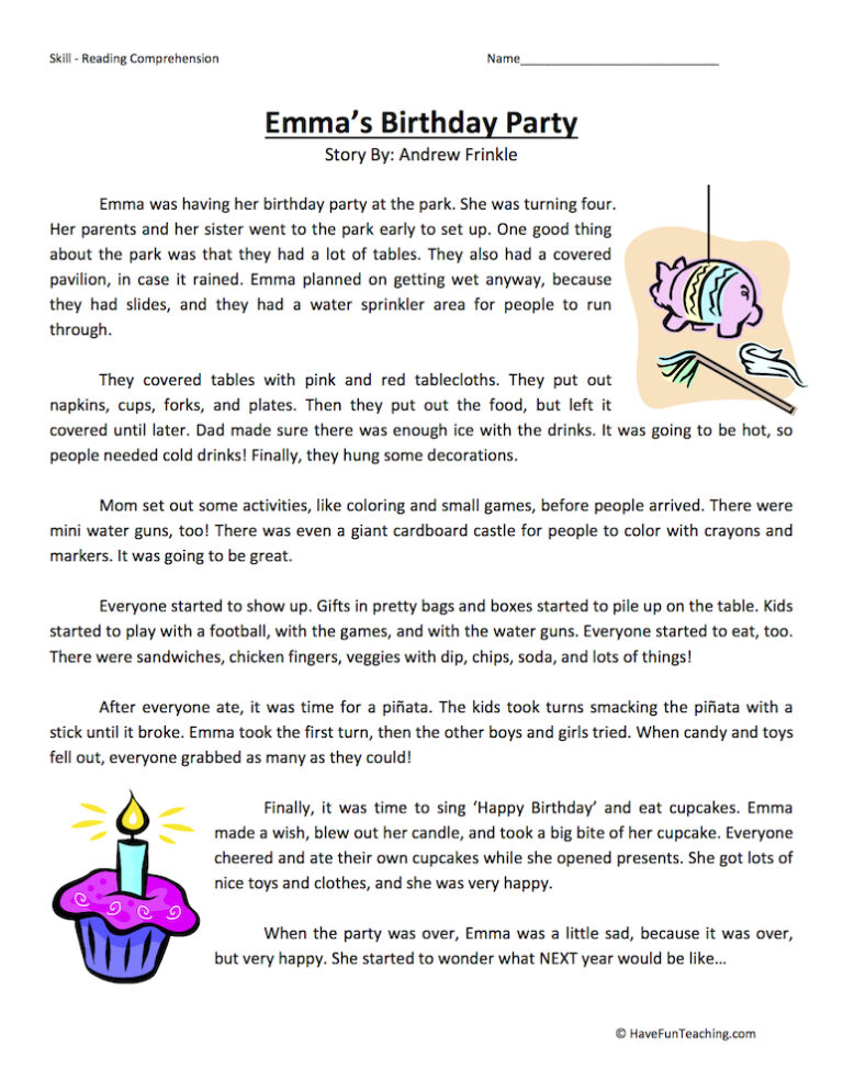 Emma's Birthday Party - Reading Comprehension Worksheet