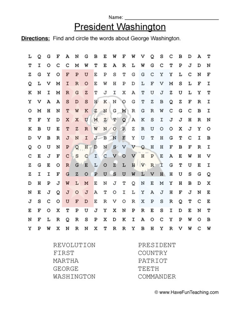 George Washington Word Search Worksheet