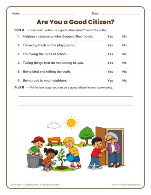 2nd grade good citizenship social studies worksheet