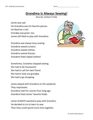 Grandma Is Always Sewing - Reading Comprehension Worksheet