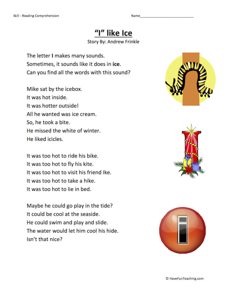 I Like Ice Reading Comprehension Worksheet