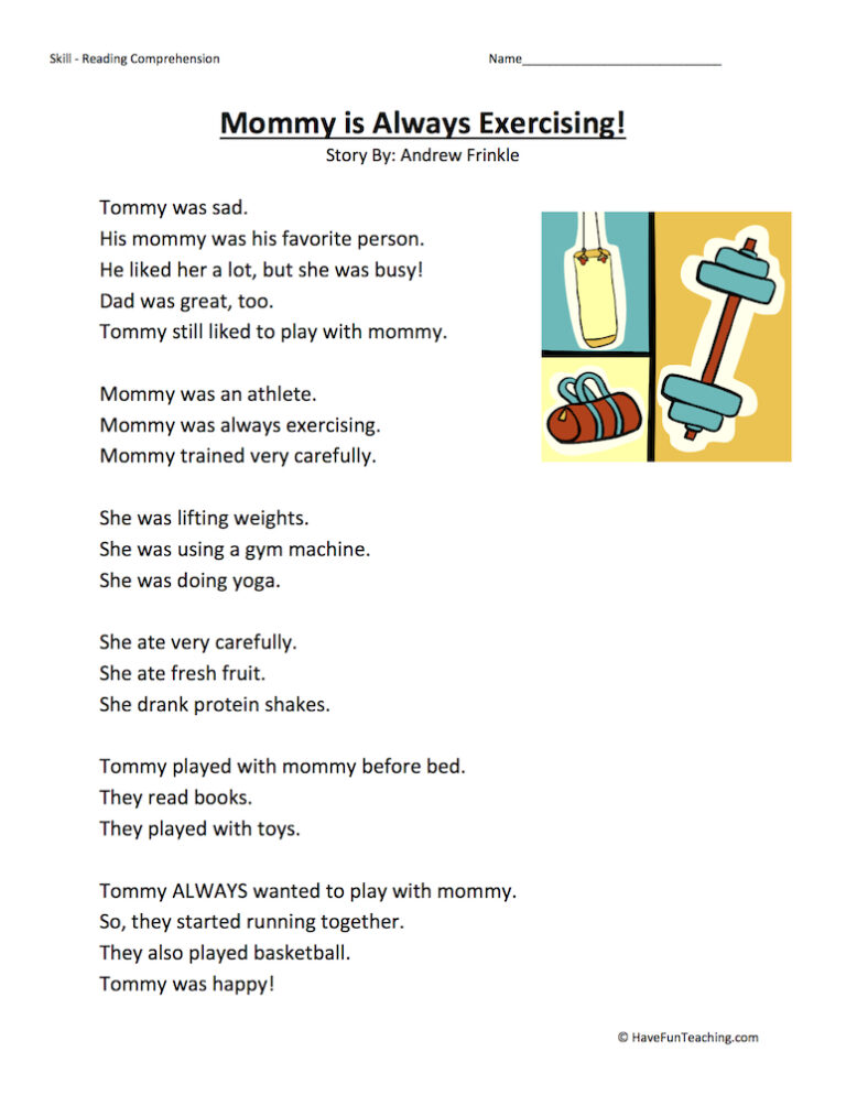 Mommy Is Always Exercising Reading Comprehension Worksheet