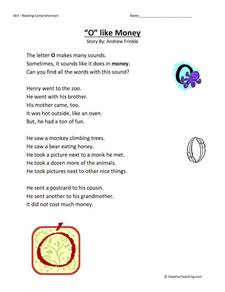 O Like Money Reading Comprehension Worksheet
