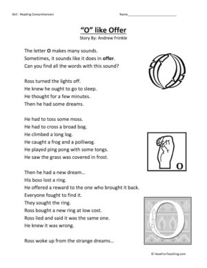 O Like Offer Reading Comprehension Worksheet