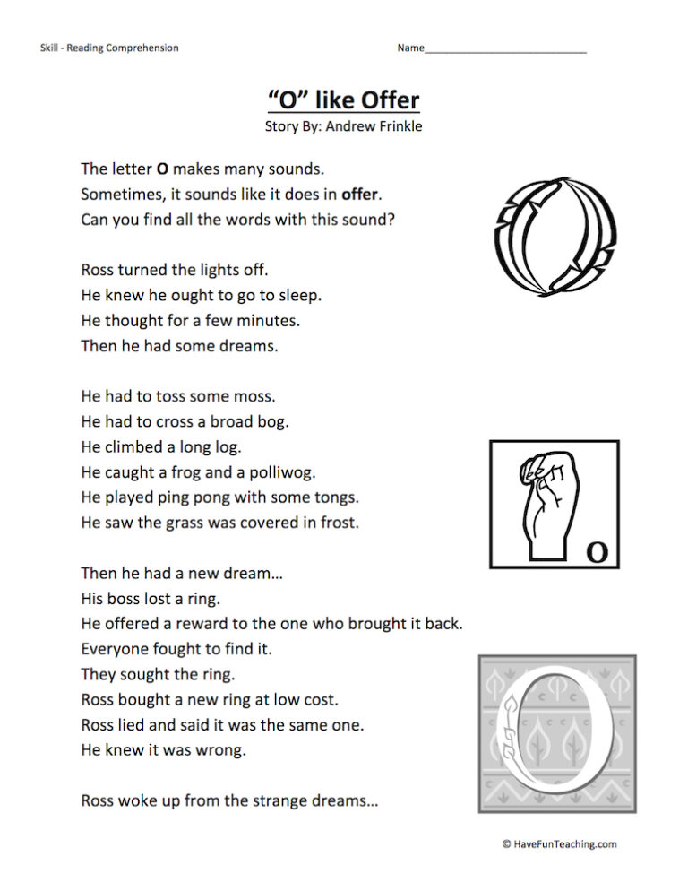 O Like Offer Reading Comprehension Worksheet