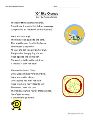 O Like Orange Reading Comprehension Worksheet