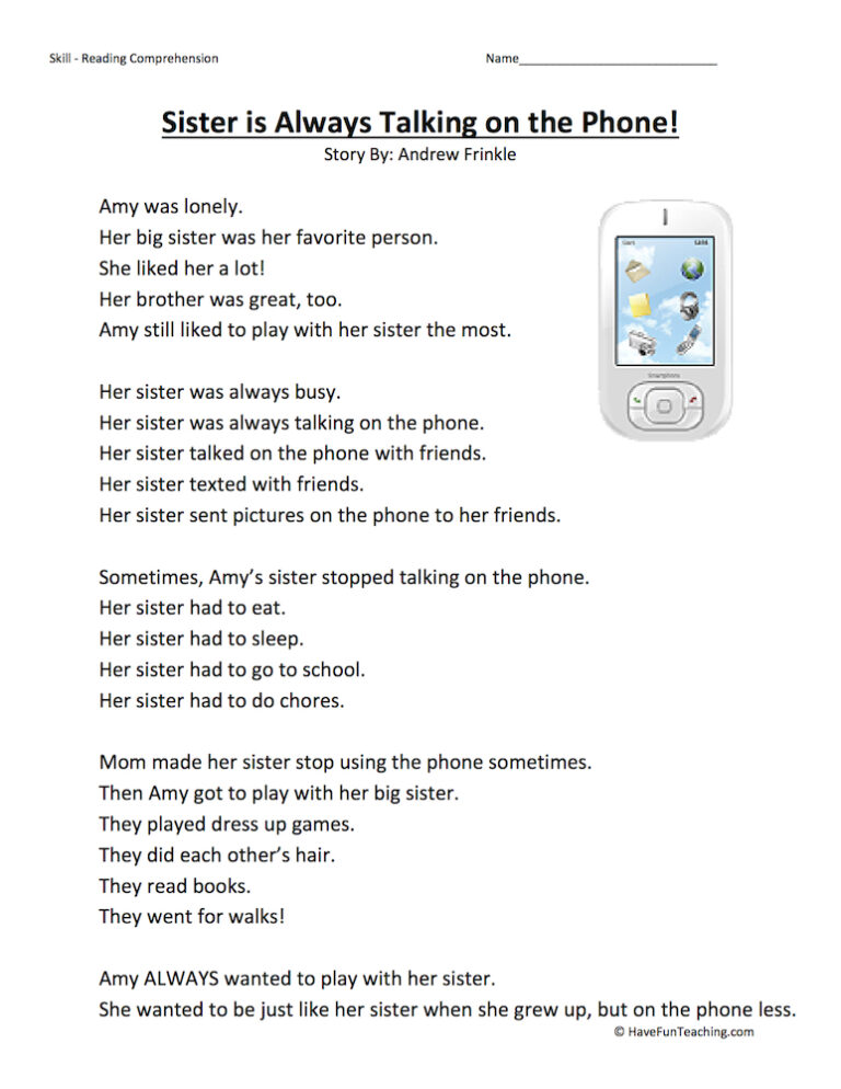 Sister Is Always Talking on the Phone Reading Comprehension Worksheet