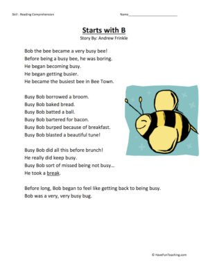Starts With B Reading Comprehension Worksheet