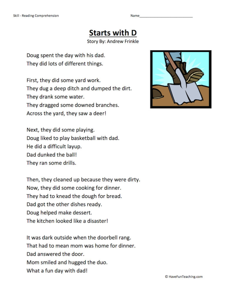 Starts With D Reading Comprehension Worksheet