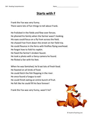 Starts With F Reading Comprehension Worksheet