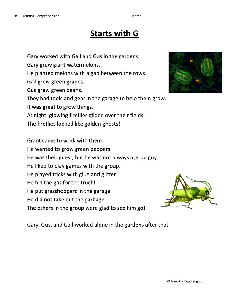 Starts With G Reading Comprehension Worksheet