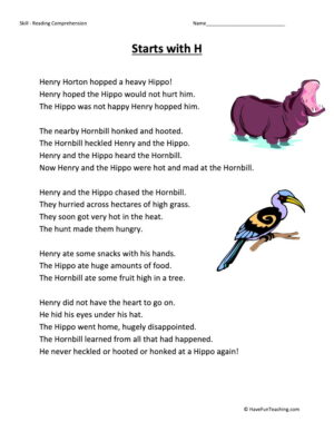 Starts With H Reading Comprehension Worksheet