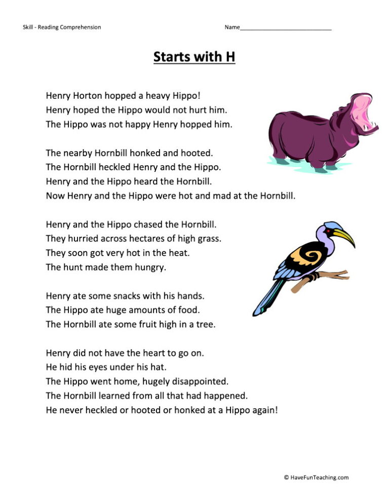 Starts With H Reading Comprehension Worksheet