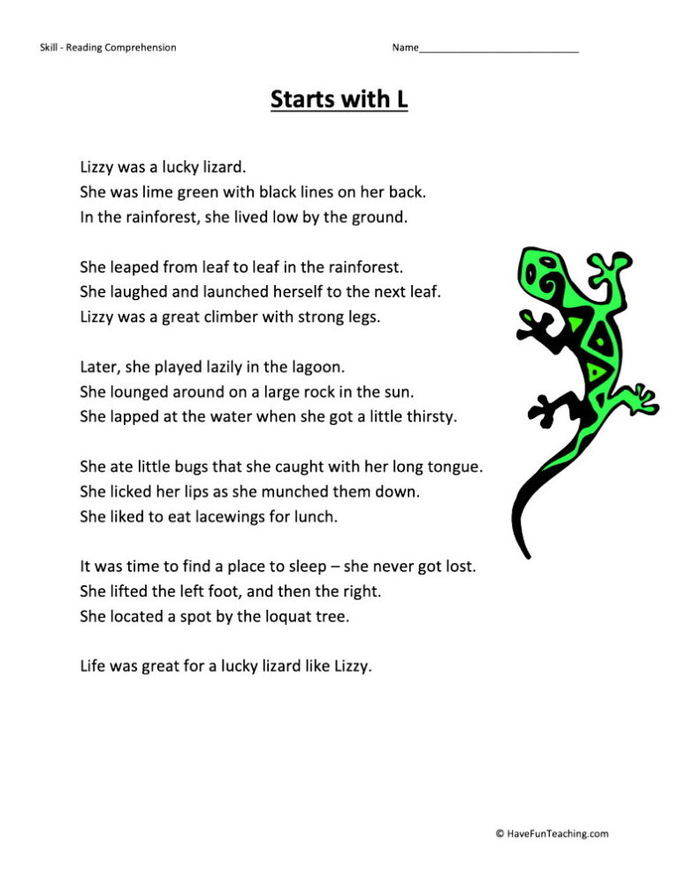 Starts With L Reading Comprehension Worksheet