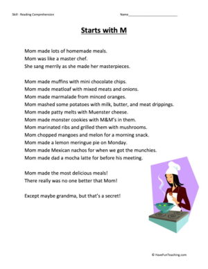 Starts With M Reading Comprehension Worksheet