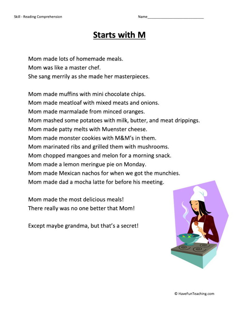 Starts With M Reading Comprehension Worksheet