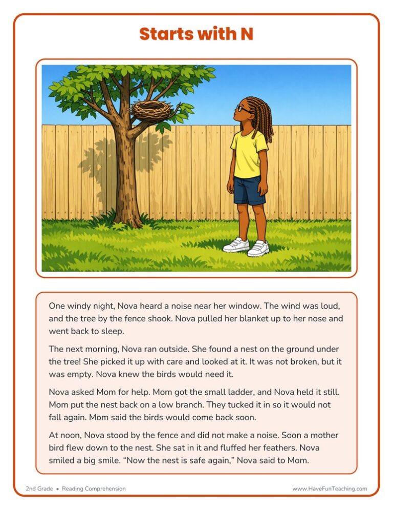 Starts With N Reading Comprehension Worksheet