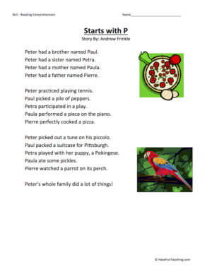 Starts With P Reading Comprehension Worksheet