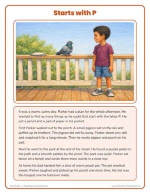 2nd Grade Starts With P beginning sounds reading comprehension worksheet