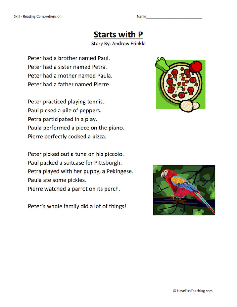 Starts With P Reading Comprehension Worksheet