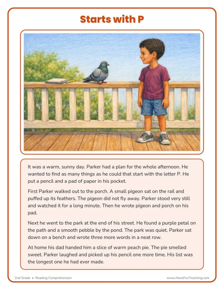 Starts With P Reading Comprehension Worksheet