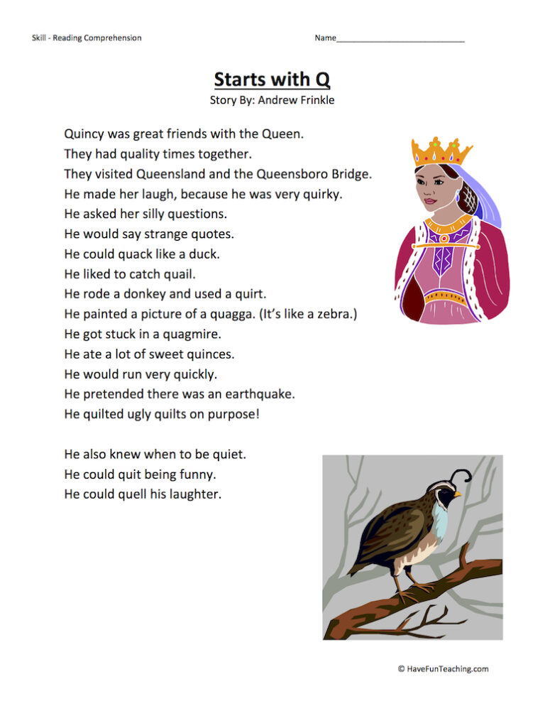 Starts With Q Reading Comprehension Worksheet