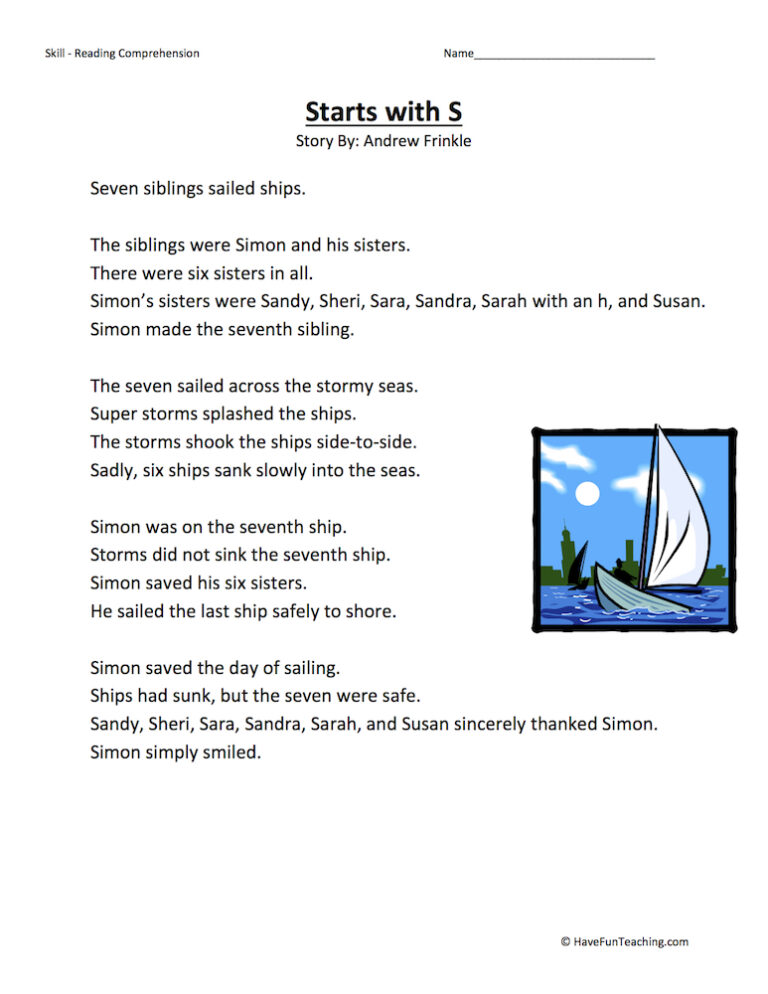 Starts With S Reading Comprehension Worksheet