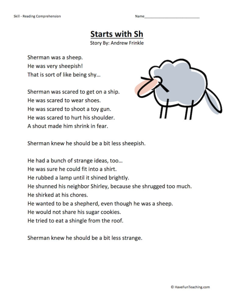 Starts With SH Reading Comprehension Worksheet