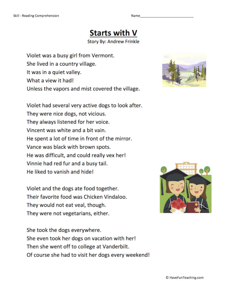 Starts With V Reading Comprehension Worksheet