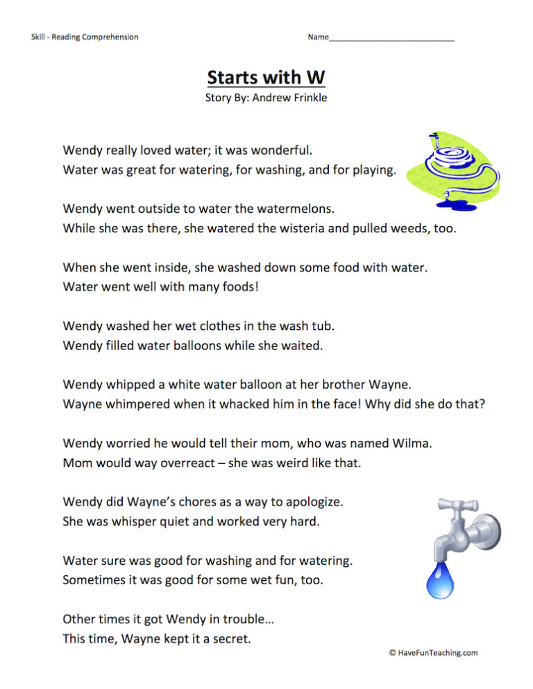 Starts With W Reading Comprehension Worksheet