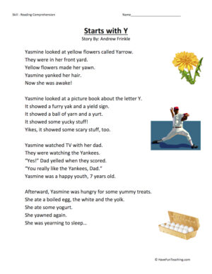 Starts With Y Reading Comprehension Worksheet