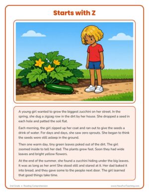 2nd grade Starts With Z reading comprehension worksheet with a garden story and picture