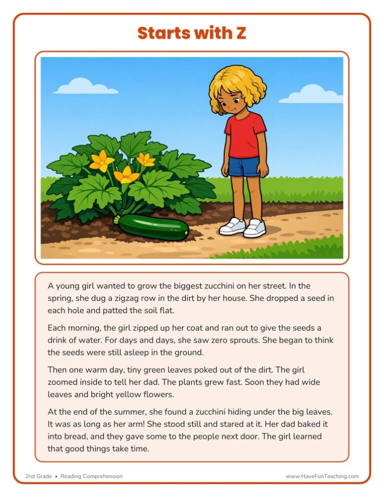 Starts With Z Reading Comprehension Worksheet