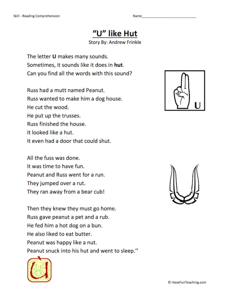 U Like Hut Reading Comprehension Worksheet