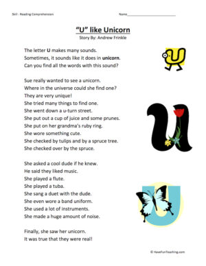 U Like Unicorn Reading Comprehension Worksheet