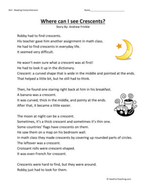 Where Can I See Crescents? Reading Comprehension Worksheet