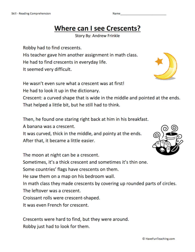 Where Can I See Crescents? Reading Comprehension Worksheet