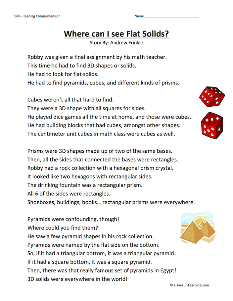 Where Can I See Flat Solids? Reading Comprehension Worksheet