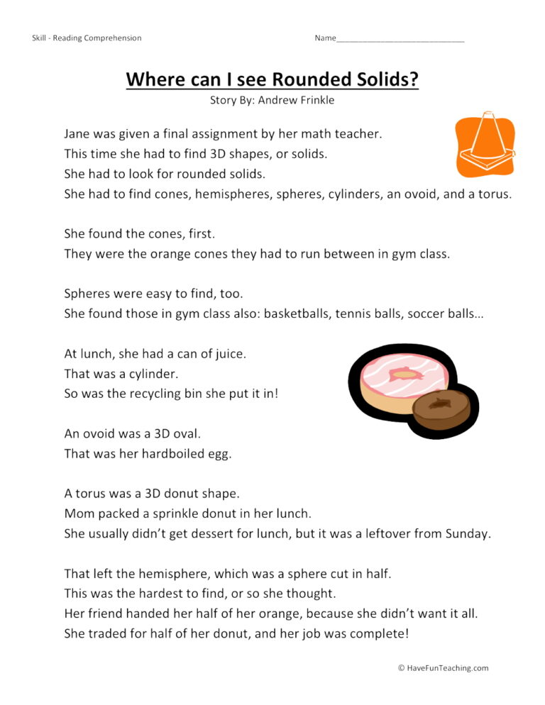 Where Can I See Rounded Solids? Reading Comprehension Worksheet