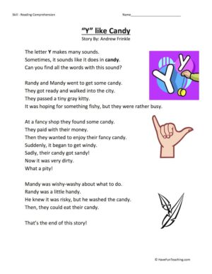 Y Like Candy Reading Comprehension Worksheet