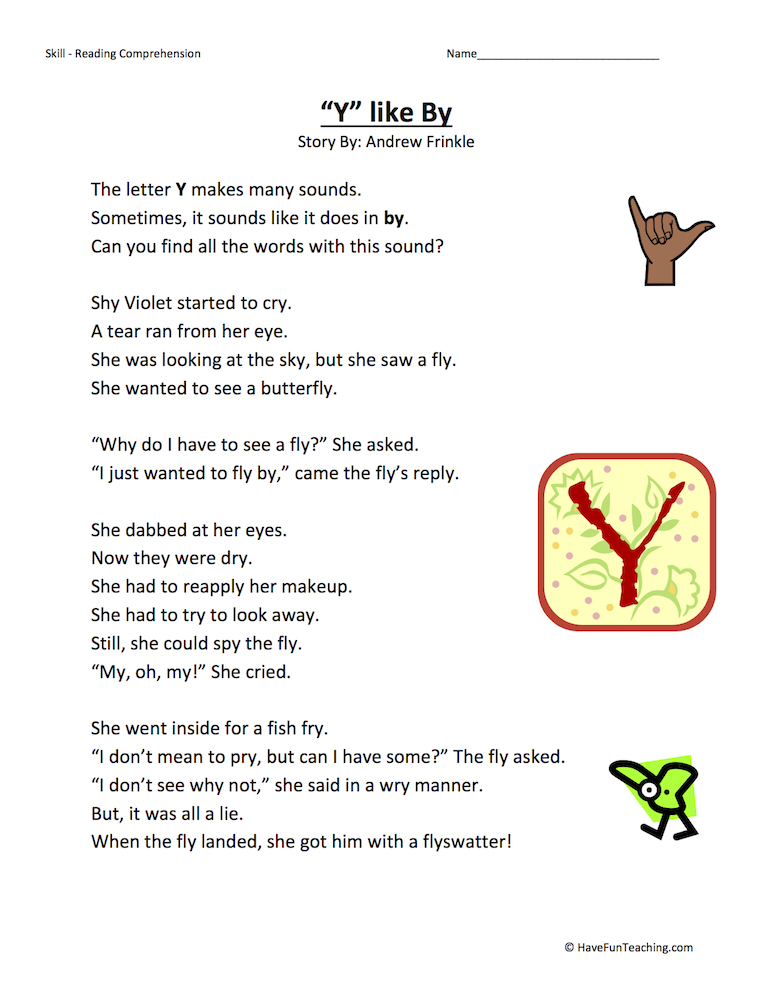 Y Like Fly Reading Comprehension Worksheet | Have Fun Teaching