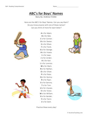 ABCs for Boys' Names Reading Comprehension Worksheet