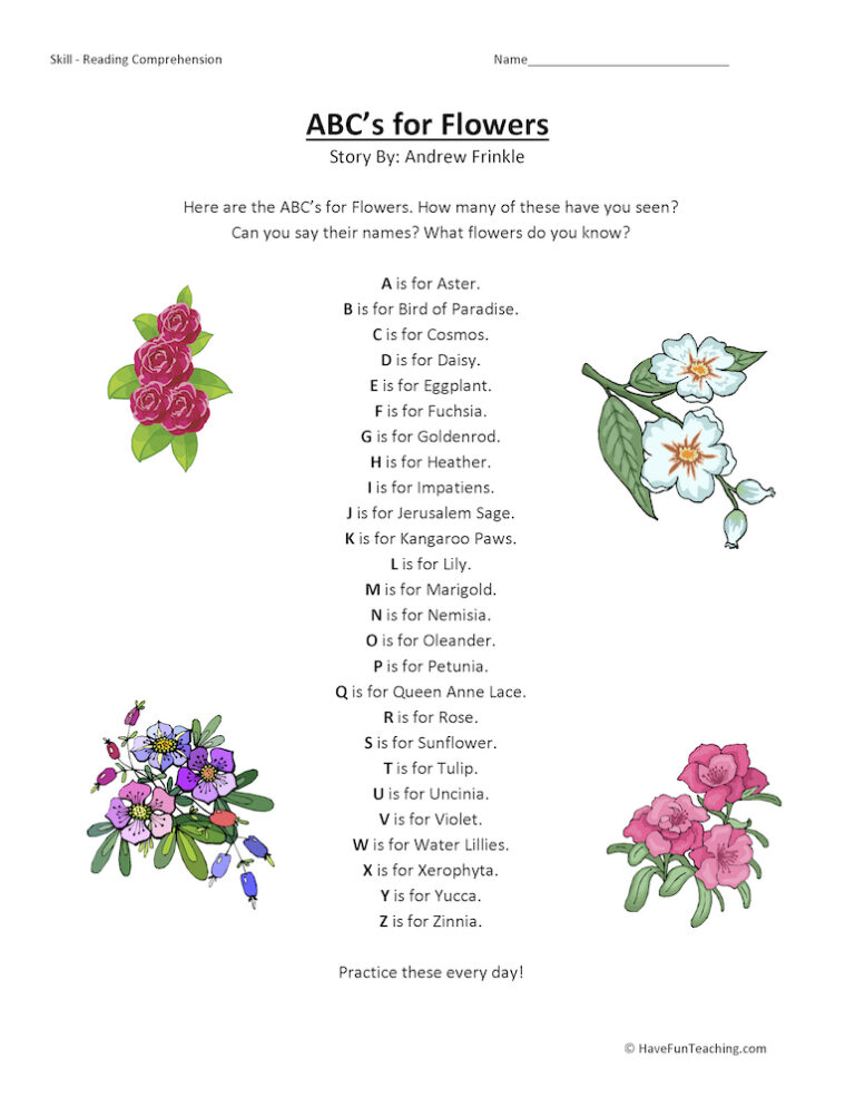 ABCs for Flowers Reading Comprehension Worksheet