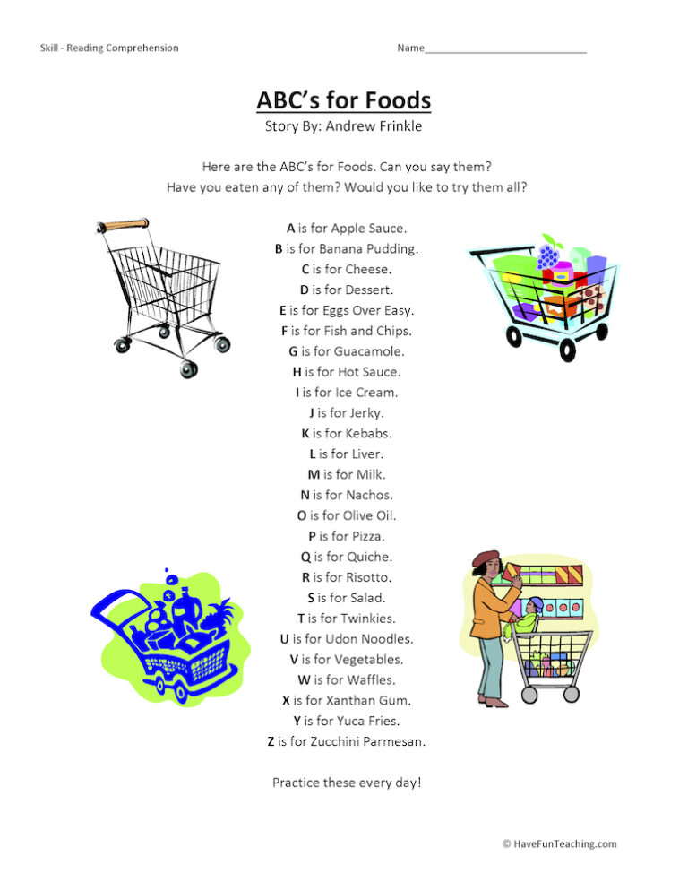 ABCs for Foods Reading Comprehension Worksheet