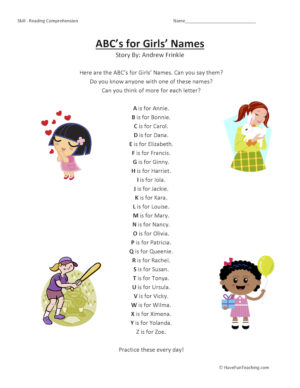 ABCs for Girls Names Reading Comprehension Worksheet
