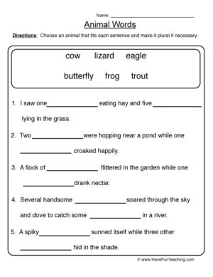 Animal Words Singular Plural Worksheet