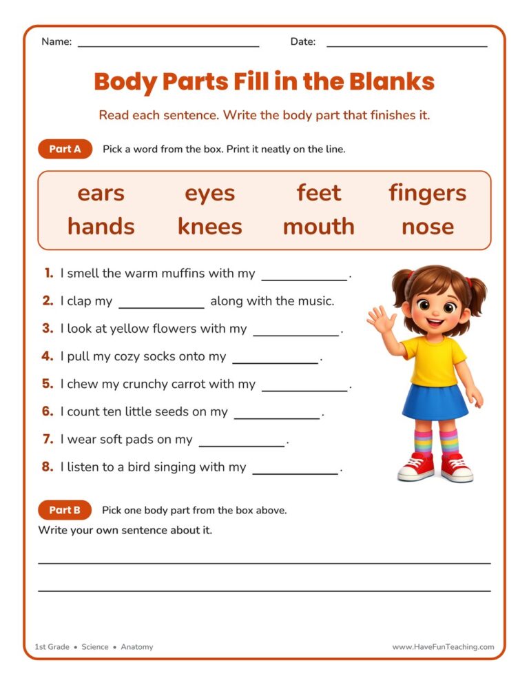 Body Parts Fill in the Blanks Worksheet