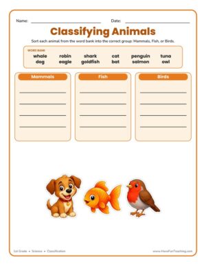 Classifying Animals worksheet where students sort animals from a word bank into mammals, fish, and birds groups